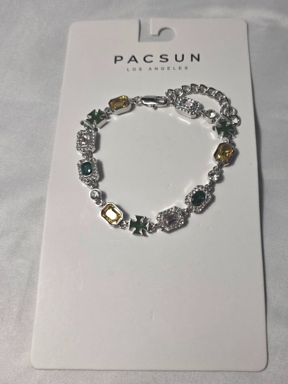 Pacsun Silver-Toned Gemstone Bracelet Colorful Emerald-Cut Gemstone Charms